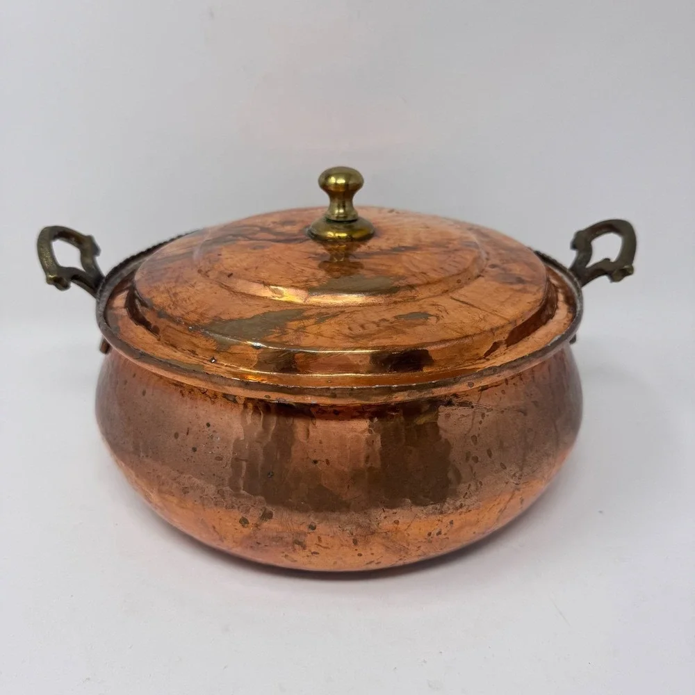 Vintage Hand Hammered Copper Pot w Lid Brass Handles Tin Lined European Cookware